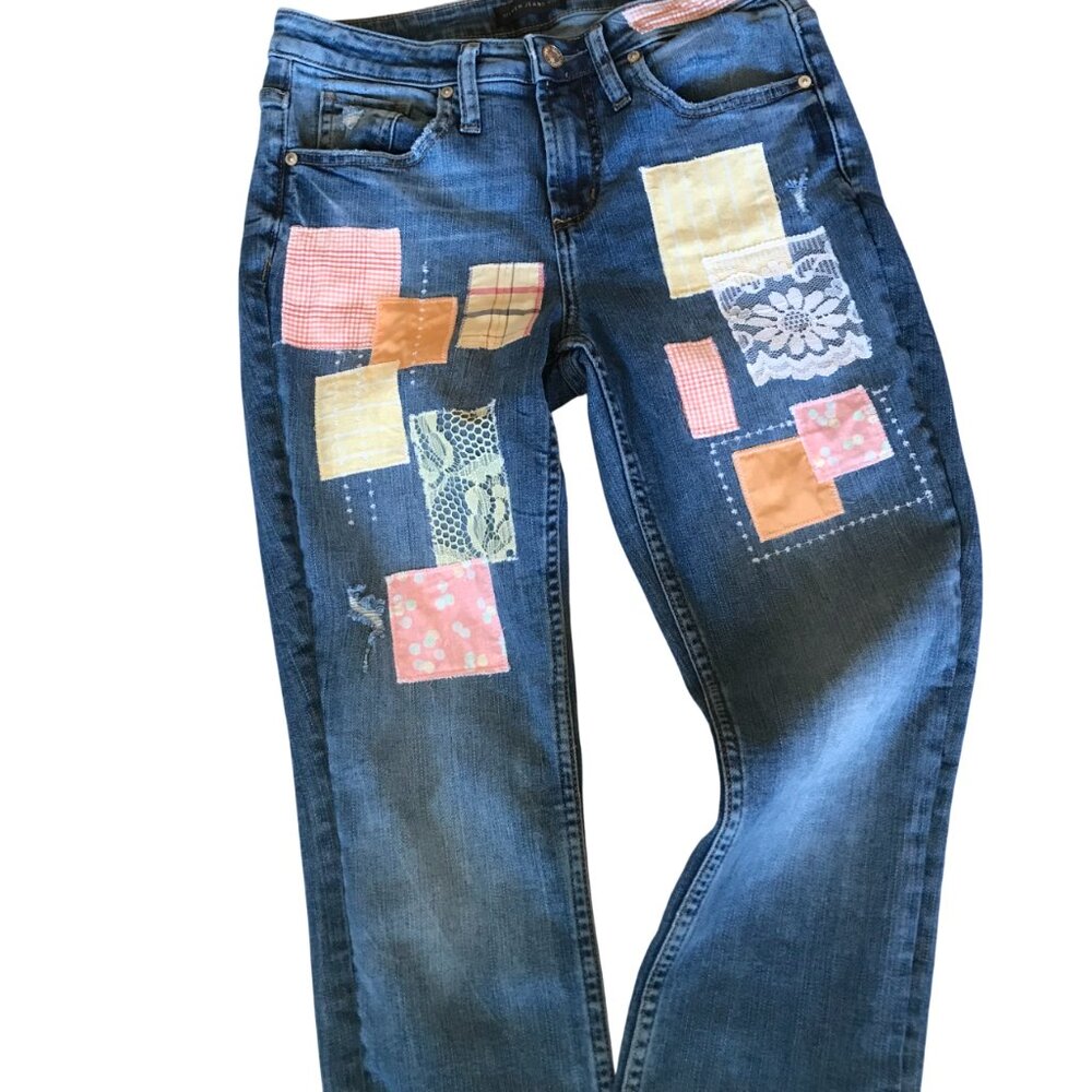 Upcycled Patchwork Jeans, Boho Hippie Pants, Spring Pastel Lace Size W24 L28.5